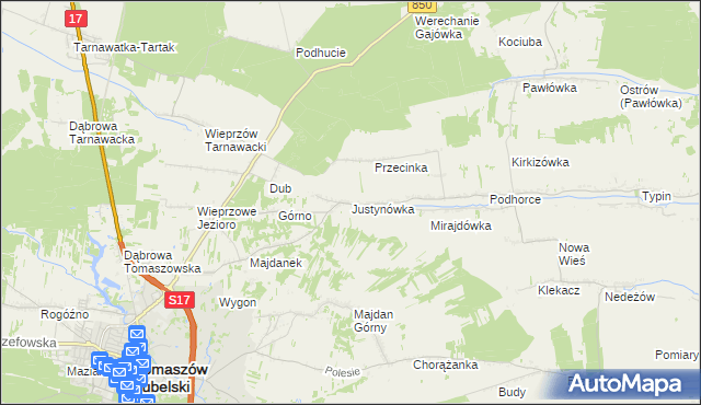 mapa Justynówka gmina Tomaszów Lubelski, Justynówka gmina Tomaszów Lubelski na mapie Targeo