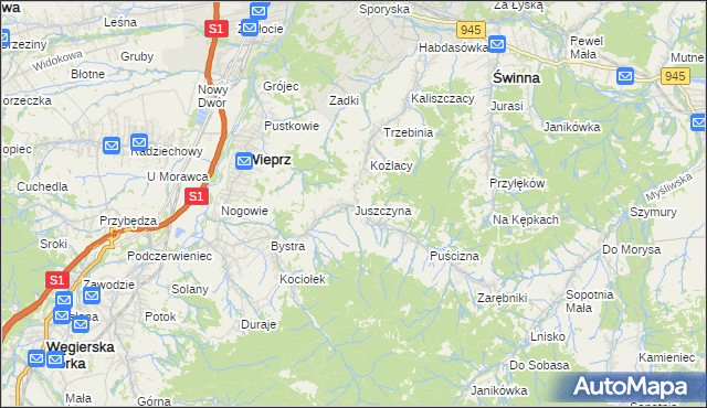 mapa Juszczyna, Juszczyna na mapie Targeo