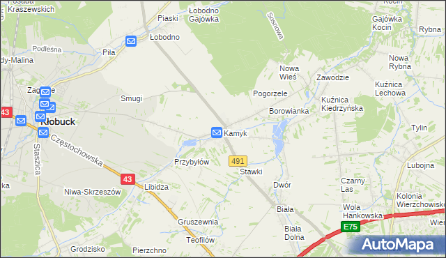 mapa Kamyk gmina Kłobuck, Kamyk gmina Kłobuck na mapie Targeo