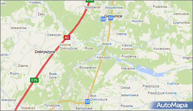 mapa Karkoszki gmina Gomunice, Karkoszki gmina Gomunice na mapie Targeo