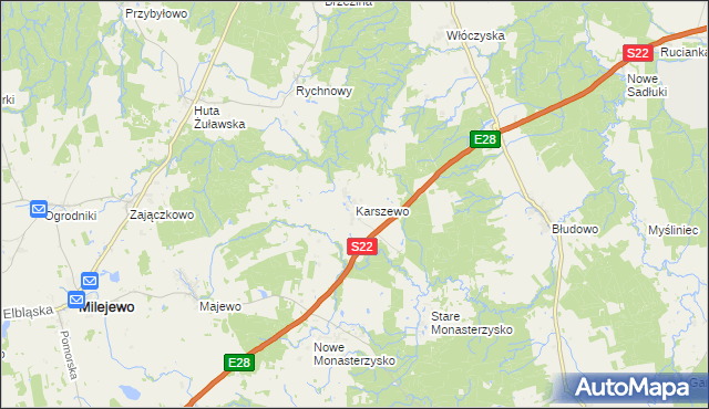 mapa Karszewo gmina Młynary, Karszewo gmina Młynary na mapie Targeo