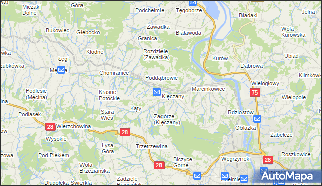 mapa Klęczany gmina Chełmiec, Klęczany gmina Chełmiec na mapie Targeo
