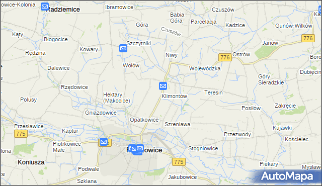 mapa Klimontów gmina Proszowice, Klimontów gmina Proszowice na mapie Targeo
