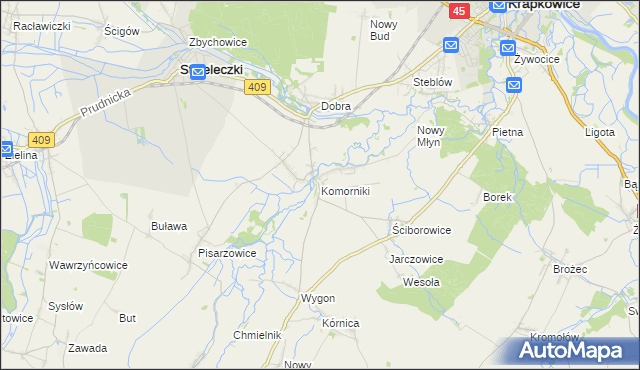 mapa Komorniki gmina Strzeleczki, Komorniki gmina Strzeleczki na mapie Targeo