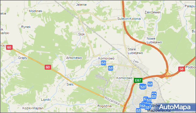 mapa Komorowo gmina Ostrów Mazowiecka, Komorowo gmina Ostrów Mazowiecka na mapie Targeo