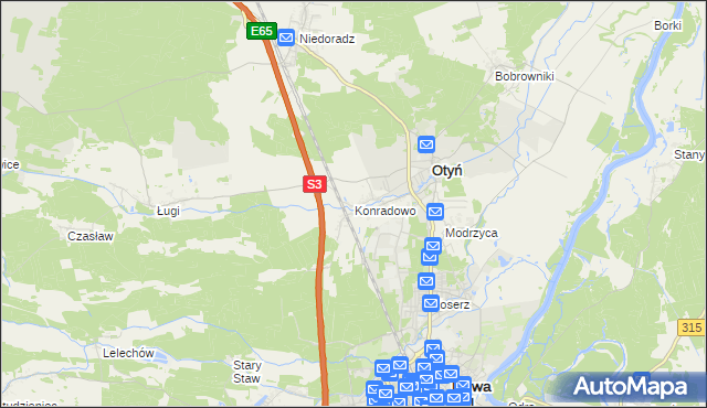 mapa Konradowo gmina Otyń, Konradowo gmina Otyń na mapie Targeo