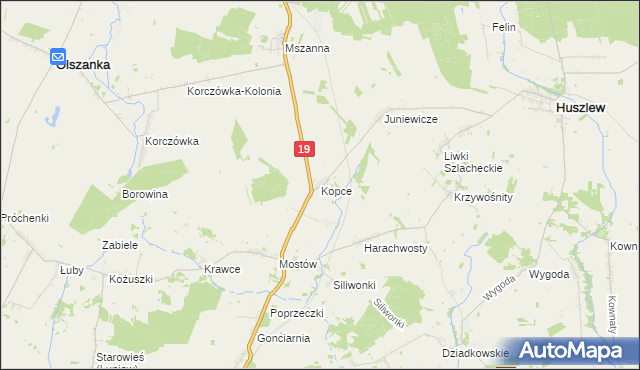 mapa Kopce gmina Huszlew, Kopce gmina Huszlew na mapie Targeo