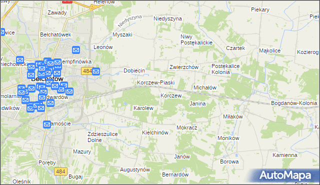 mapa Korczew gmina Bełchatów, Korczew gmina Bełchatów na mapie Targeo