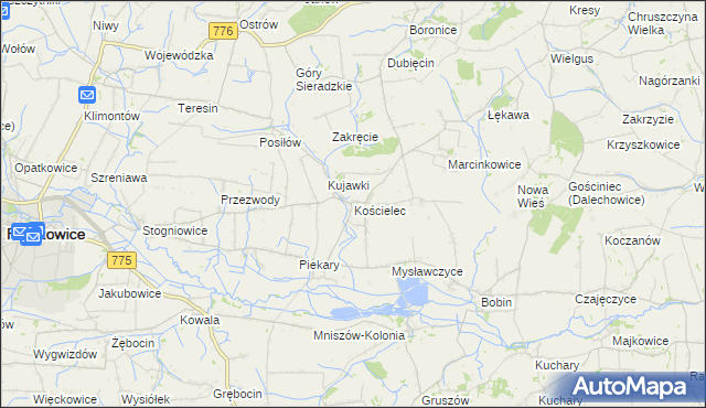 mapa Kościelec gmina Proszowice, Kościelec gmina Proszowice na mapie Targeo