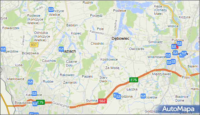 mapa Kostkowice gmina Dębowiec, Kostkowice gmina Dębowiec na mapie Targeo