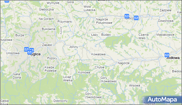 mapa Kowalowa gmina Ryglice, Kowalowa gmina Ryglice na mapie Targeo