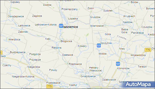 mapa Kowary gmina Radziemice, Kowary gmina Radziemice na mapie Targeo