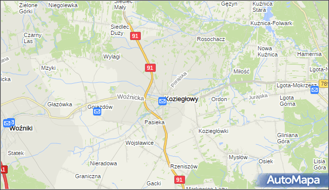mapa Koziegłowy powiat myszkowski, Koziegłowy powiat myszkowski na mapie Targeo