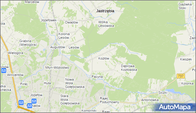 mapa Kozłów gmina Jastrzębia, Kozłów gmina Jastrzębia na mapie Targeo