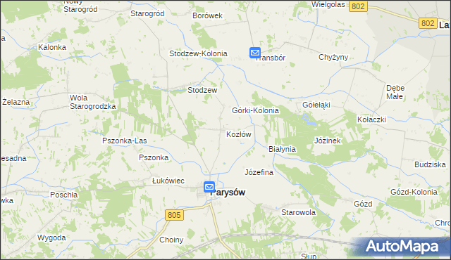 mapa Kozłów gmina Parysów, Kozłów gmina Parysów na mapie Targeo