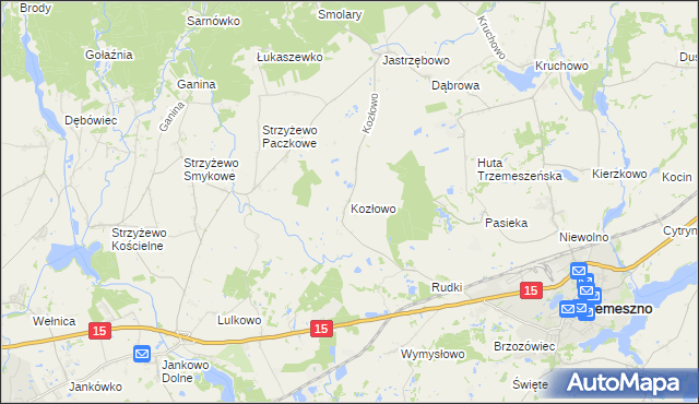 mapa Kozłowo gmina Trzemeszno, Kozłowo gmina Trzemeszno na mapie Targeo