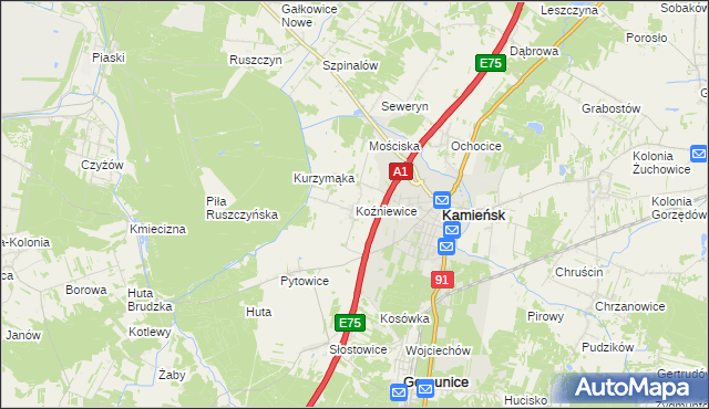 mapa Koźniewice, Koźniewice na mapie Targeo