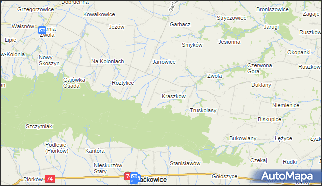 mapa Kraszków gmina Waśniów, Kraszków gmina Waśniów na mapie Targeo