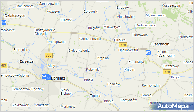 mapa Krępice gmina Skalbmierz, Krępice gmina Skalbmierz na mapie Targeo