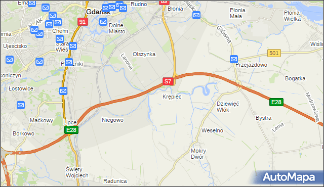 mapa Krępiec gmina Pruszcz Gdański, Krępiec gmina Pruszcz Gdański na mapie Targeo