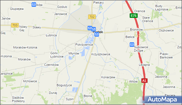 mapa Krzyszkowice gmina Piątek, Krzyszkowice gmina Piątek na mapie Targeo