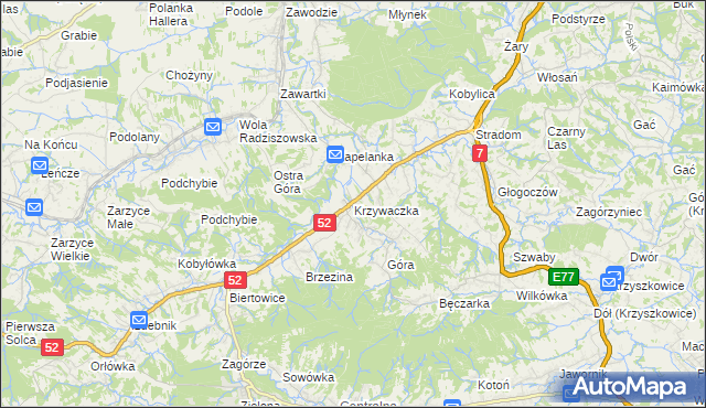mapa Krzywaczka, Krzywaczka na mapie Targeo