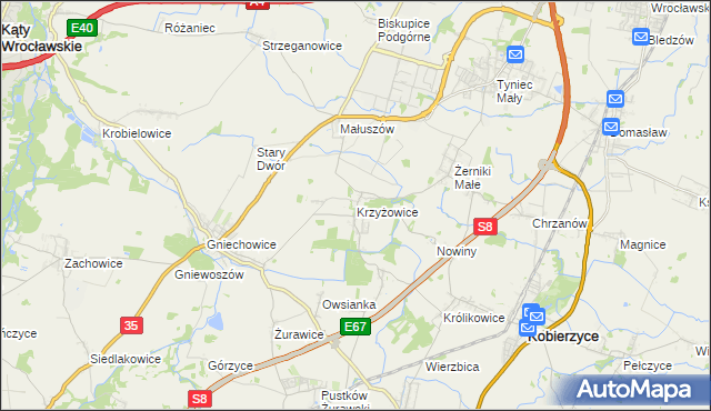 mapa Krzyżowice gmina Kobierzyce, Krzyżowice gmina Kobierzyce na mapie Targeo