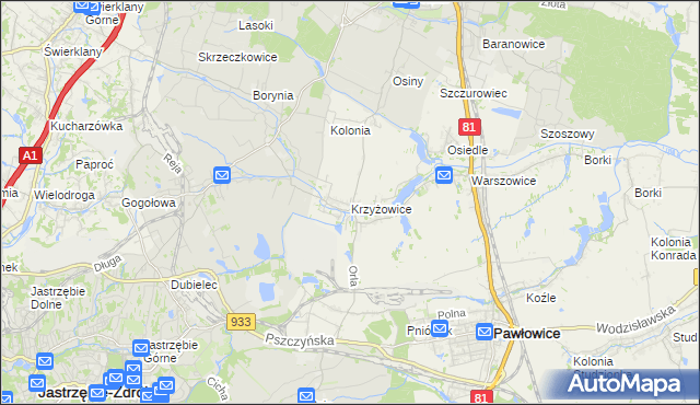 mapa Krzyżowice gmina Pawłowice, Krzyżowice gmina Pawłowice na mapie Targeo