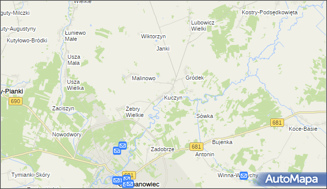mapa Kuczyn gmina Klukowo, Kuczyn gmina Klukowo na mapie Targeo