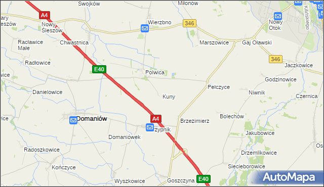 mapa Kuny gmina Domaniów, Kuny gmina Domaniów na mapie Targeo