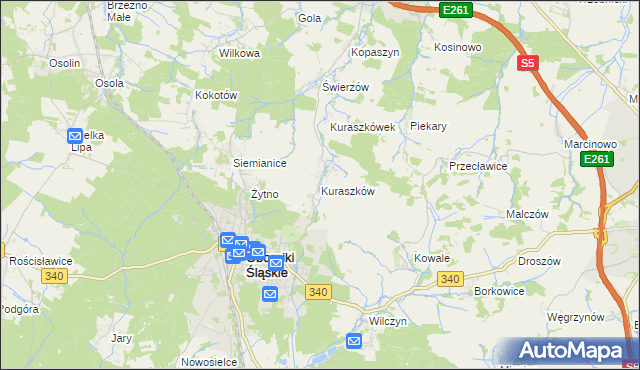 mapa Kuraszków gmina Oborniki Śląskie, Kuraszków gmina Oborniki Śląskie na mapie Targeo