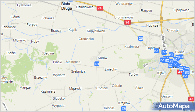 mapa Kurów gmina Wieluń, Kurów gmina Wieluń na mapie Targeo