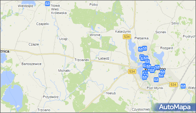 mapa Łabędź gmina Ryńsk, Łabędź gmina Ryńsk na mapie Targeo