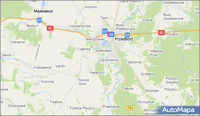 mapa Łączkowice gmina Masłowice, Łączkowice gmina Masłowice na mapie Targeo