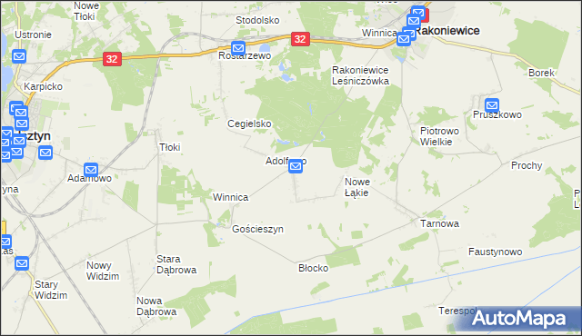 mapa Łąkie gmina Rakoniewice, Łąkie gmina Rakoniewice na mapie Targeo