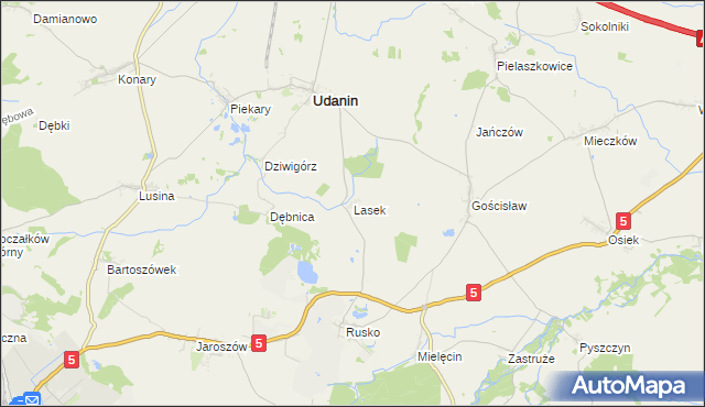 mapa Lasek gmina Udanin, Lasek gmina Udanin na mapie Targeo