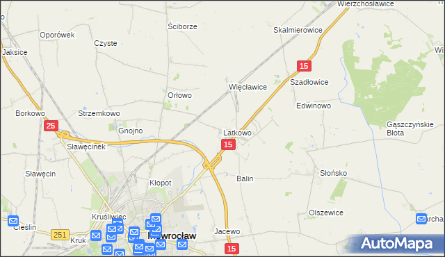 mapa Latkowo gmina Inowrocław, Latkowo gmina Inowrocław na mapie Targeo
