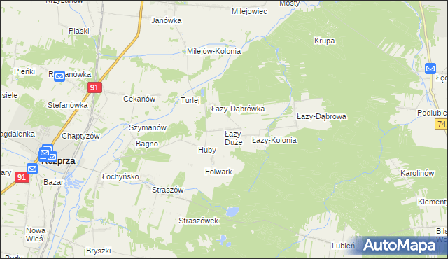 mapa Łazy Duże gmina Rozprza, Łazy Duże gmina Rozprza na mapie Targeo