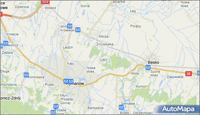 mapa Łazy gmina Rymanów, Łazy gmina Rymanów na mapie Targeo