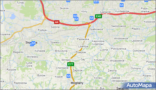 mapa Libertów gmina Mogilany, Libertów gmina Mogilany na mapie Targeo