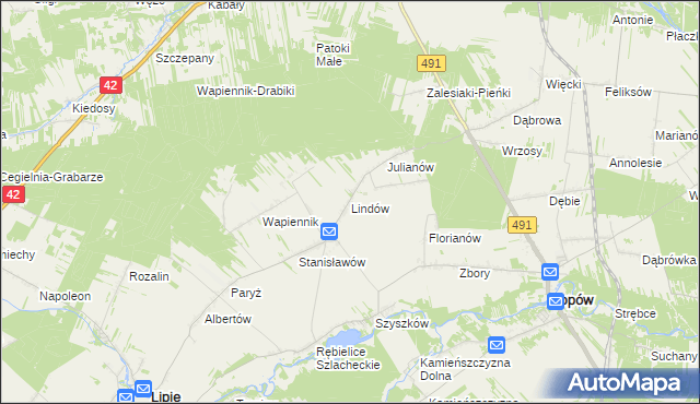 mapa Lindów gmina Lipie, Lindów gmina Lipie na mapie Targeo