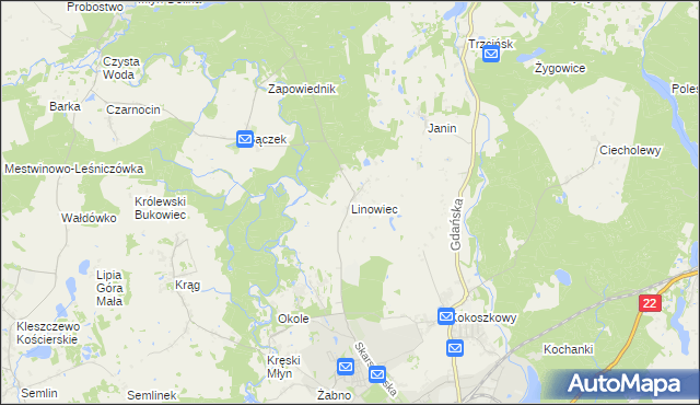 mapa Linowiec gmina Starogard Gdański, Linowiec gmina Starogard Gdański na mapie Targeo