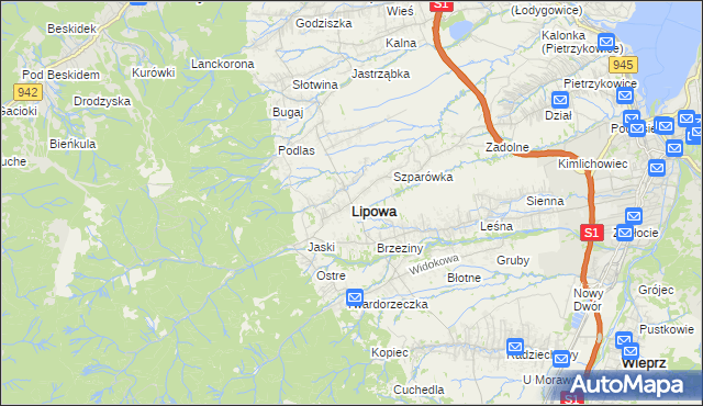 mapa Lipowa powiat żywiecki, Lipowa powiat żywiecki na mapie Targeo