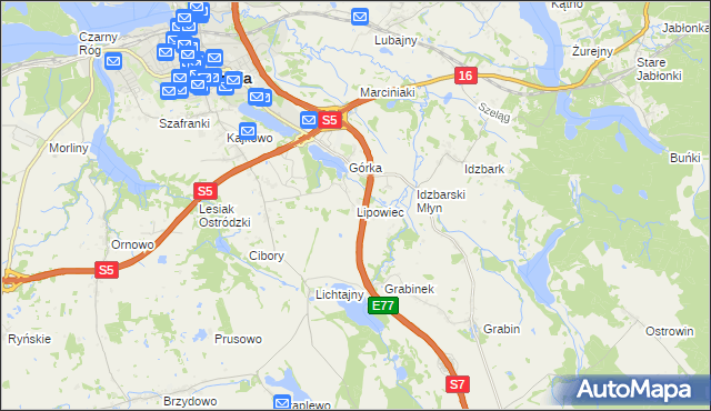 mapa Lipowiec gmina Ostróda, Lipowiec gmina Ostróda na mapie Targeo