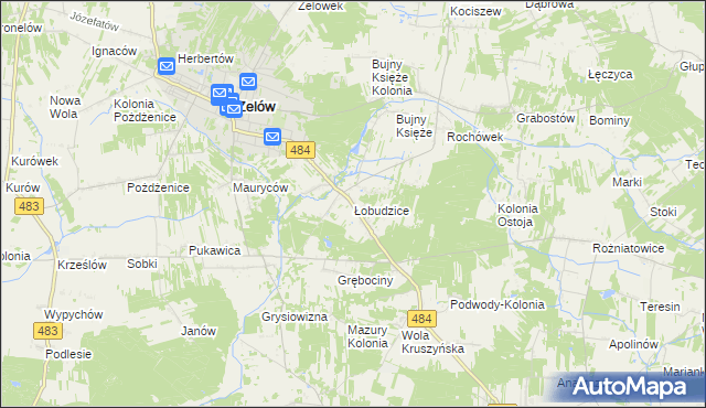 mapa Łobudzice gmina Zelów, Łobudzice gmina Zelów na mapie Targeo