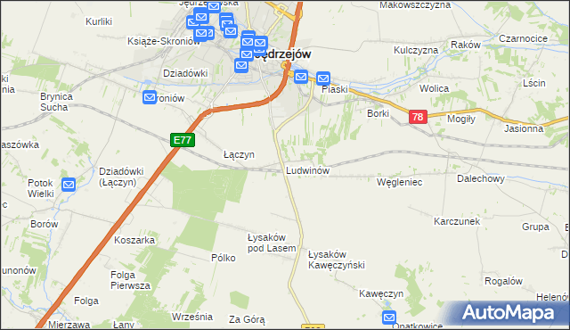 mapa Ludwinów gmina Jędrzejów, Ludwinów gmina Jędrzejów na mapie Targeo