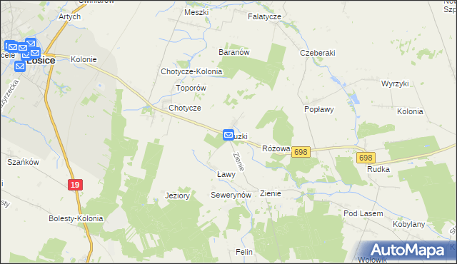 mapa Łuzki gmina Łosice, Łuzki gmina Łosice na mapie Targeo