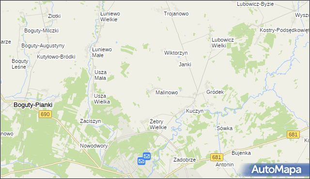 mapa Malinowo gmina Klukowo, Malinowo gmina Klukowo na mapie Targeo
