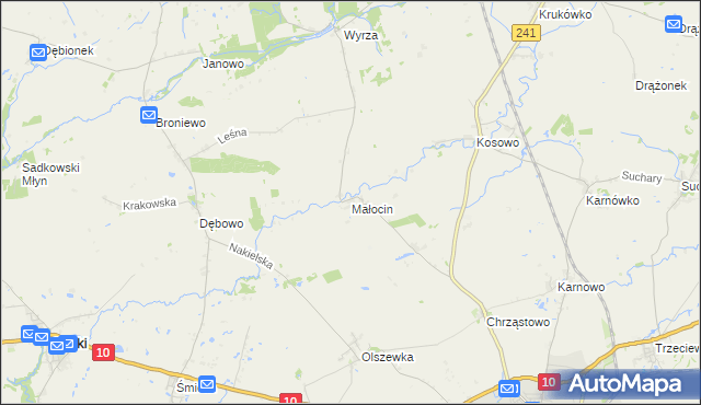 mapa Małocin gmina Nakło nad Notecią, Małocin gmina Nakło nad Notecią na mapie Targeo