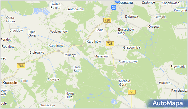 mapa Marianów gmina Łopuszno, Marianów gmina Łopuszno na mapie Targeo